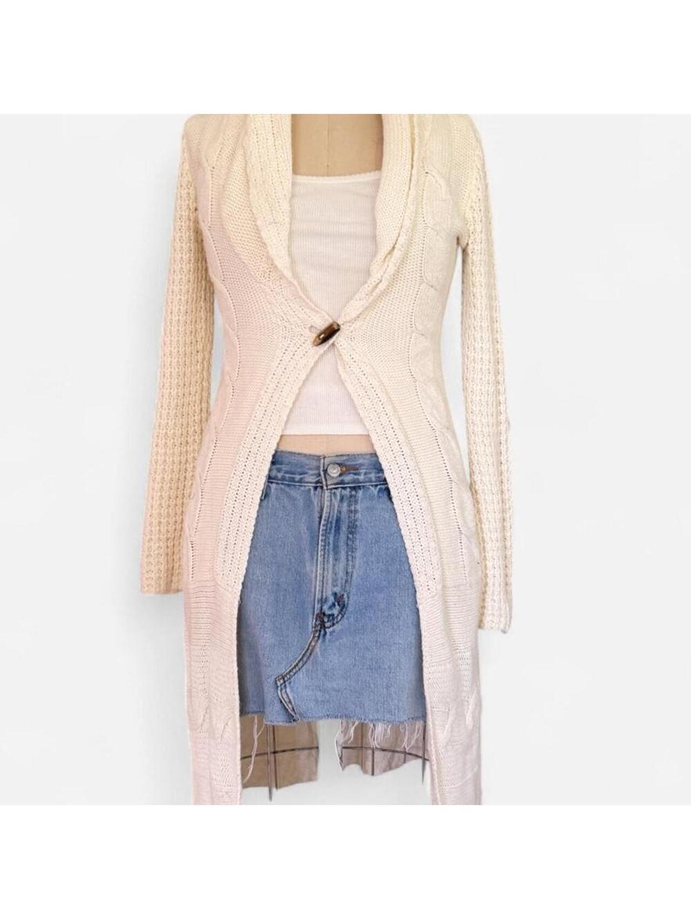 Mandee's Y2K Cable Knit Shawl Collar Duster Cardigan in Cream